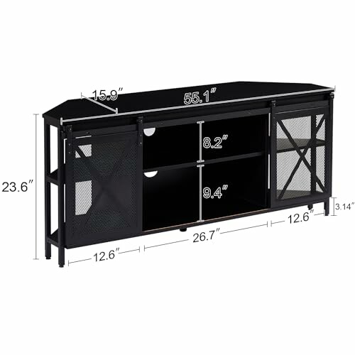 Black metal TV stand with mesh doors and dimensions labeled.