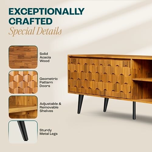 Wooden cabinet with solid acacia wood, geometric pattern doors, adjustable shelves, and sturdy metal legs.