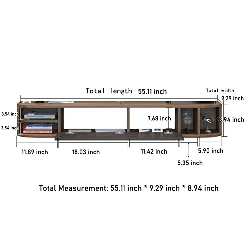 Wooden TV stand with detailed measurements for each section.
